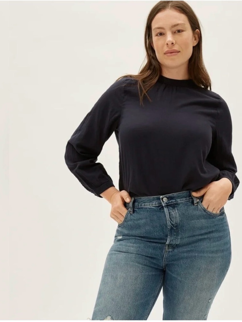 Everlane double gauze shirred top mock neck cotton long sleeves